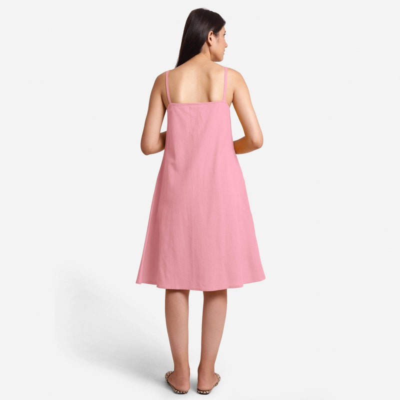 Back View of a Model wearing Pink Cotton Flax Strappy Slit Dress