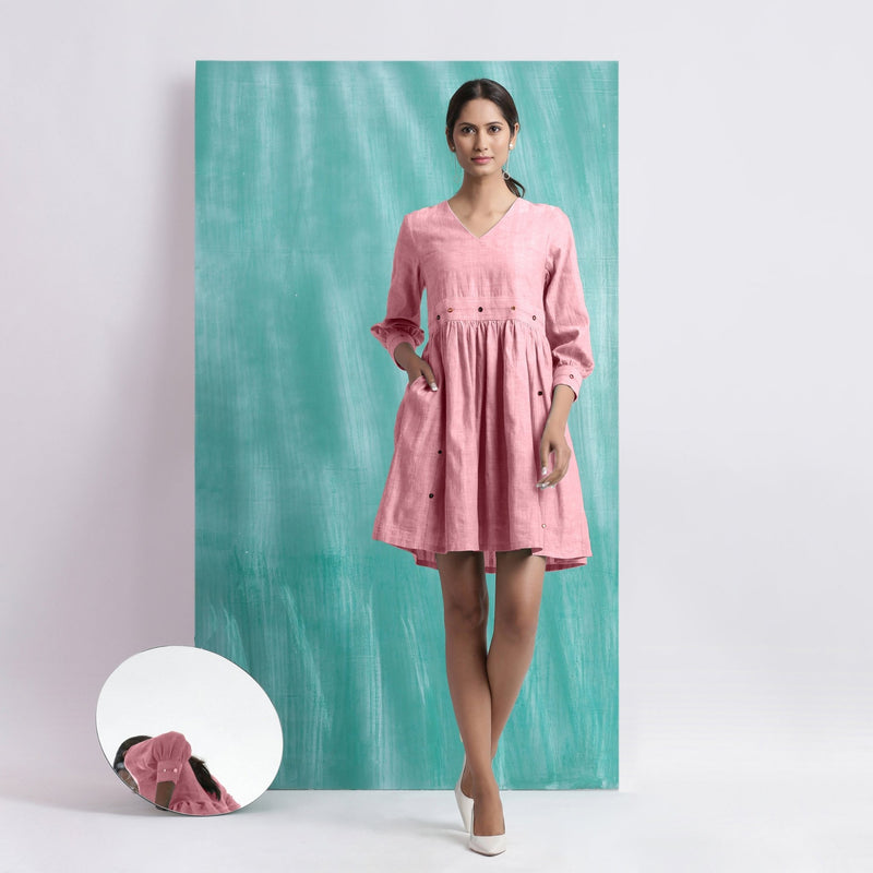 Pink Cotton Flax V-Neck Gathered Short Dress