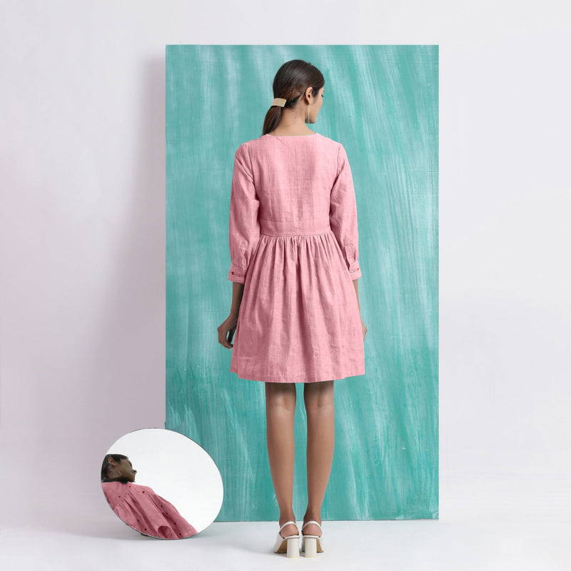 Pink Cotton Flax V-Neck Gathered Short Dress