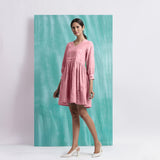 Pink Cotton Flax V-Neck Gathered Short Dress