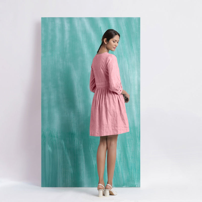 Pink Cotton Flax V-Neck Gathered Short Dress