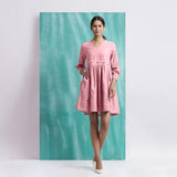 Pink Cotton Flax V-Neck Gathered Short Dress