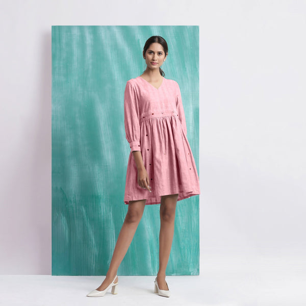 Pink Cotton Flax V-Neck Gathered Short Dress