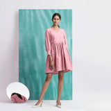 Pink Cotton Flax V-Neck Gathered Short Dress