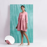 Pink Cotton Flax V-Neck Gathered Short Dress