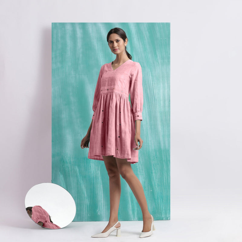 Pink Cotton Flax V-Neck Gathered Short Dress
