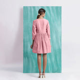 Pink Cotton Flax V-Neck Gathered Short Dress