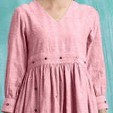Pink Cotton Flax V-Neck Gathered Short Dress
