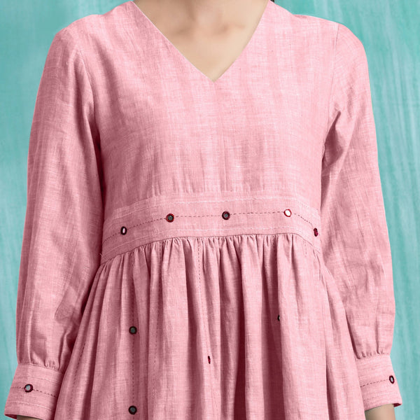 Pink Cotton Flax V-Neck Gathered Short Dress