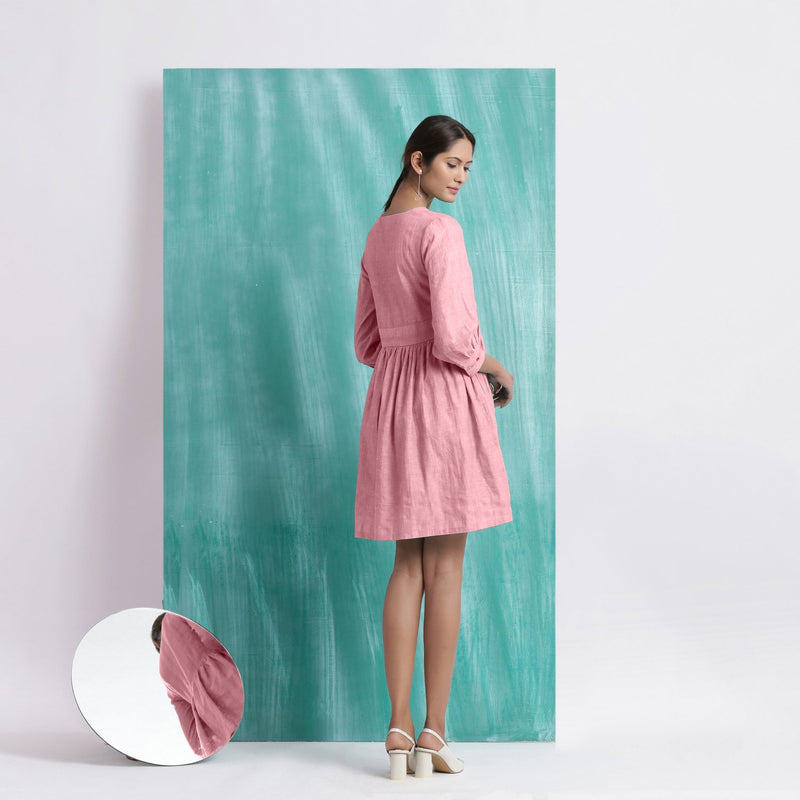 Pink Cotton Flax V-Neck Gathered Short Dress