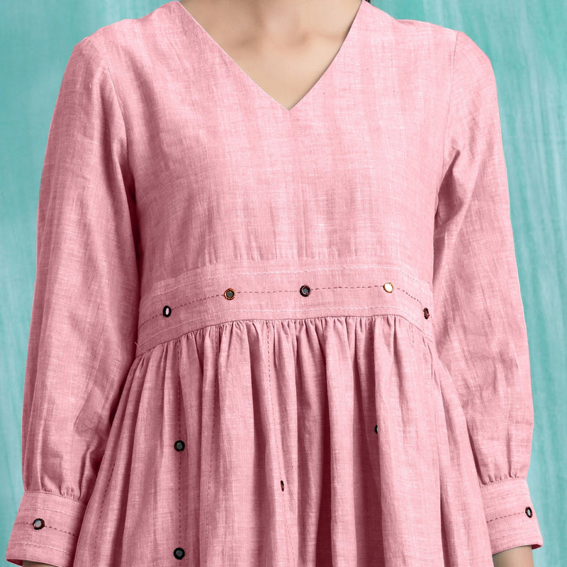Pink Cotton Flax V-Neck Gathered Short Dress