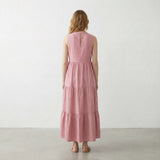 Pink Cotton Flax V-Neck Maxi Tier Dress
