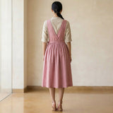 Pink Cotton Flax V-Neck Pinafore Midi Wrap Dress