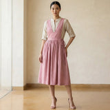 Pink Cotton Flax V-Neck Pinafore Midi Wrap Dress