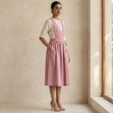 Pink Cotton Flax V-Neck Pinafore Midi Wrap Dress