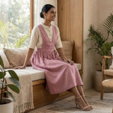 Pink Cotton Flax V-Neck Pinafore Midi Wrap Dress