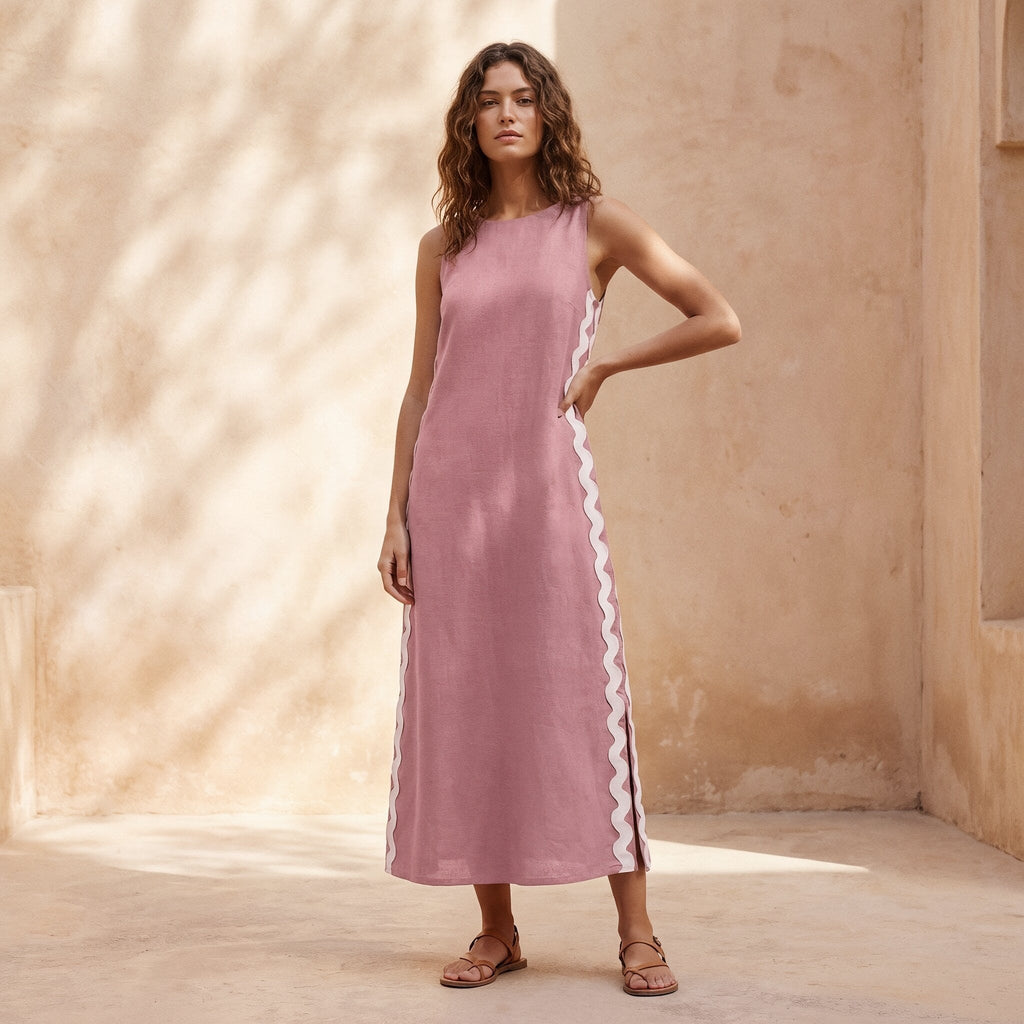 Buy Pink Cotton Flax Wavy Stripe Maxi Shift Dress Online at SeamsFriendly