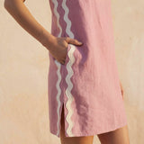 Pink Cotton Flax Wavy Stripe Short Shift Dress