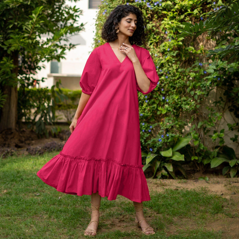 Pink Cotton Poplin A-Line Deep Neck Maxi Tier Dress