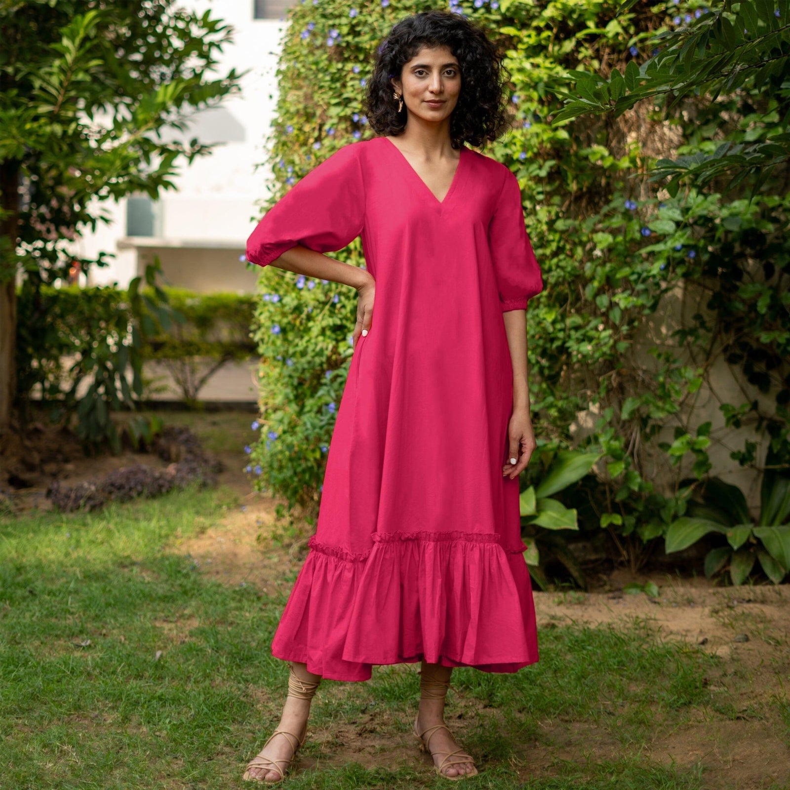 Buy Pink Cotton Poplin A-Line Deep Neck Maxi Tier Dress Online at SeamsFriendly