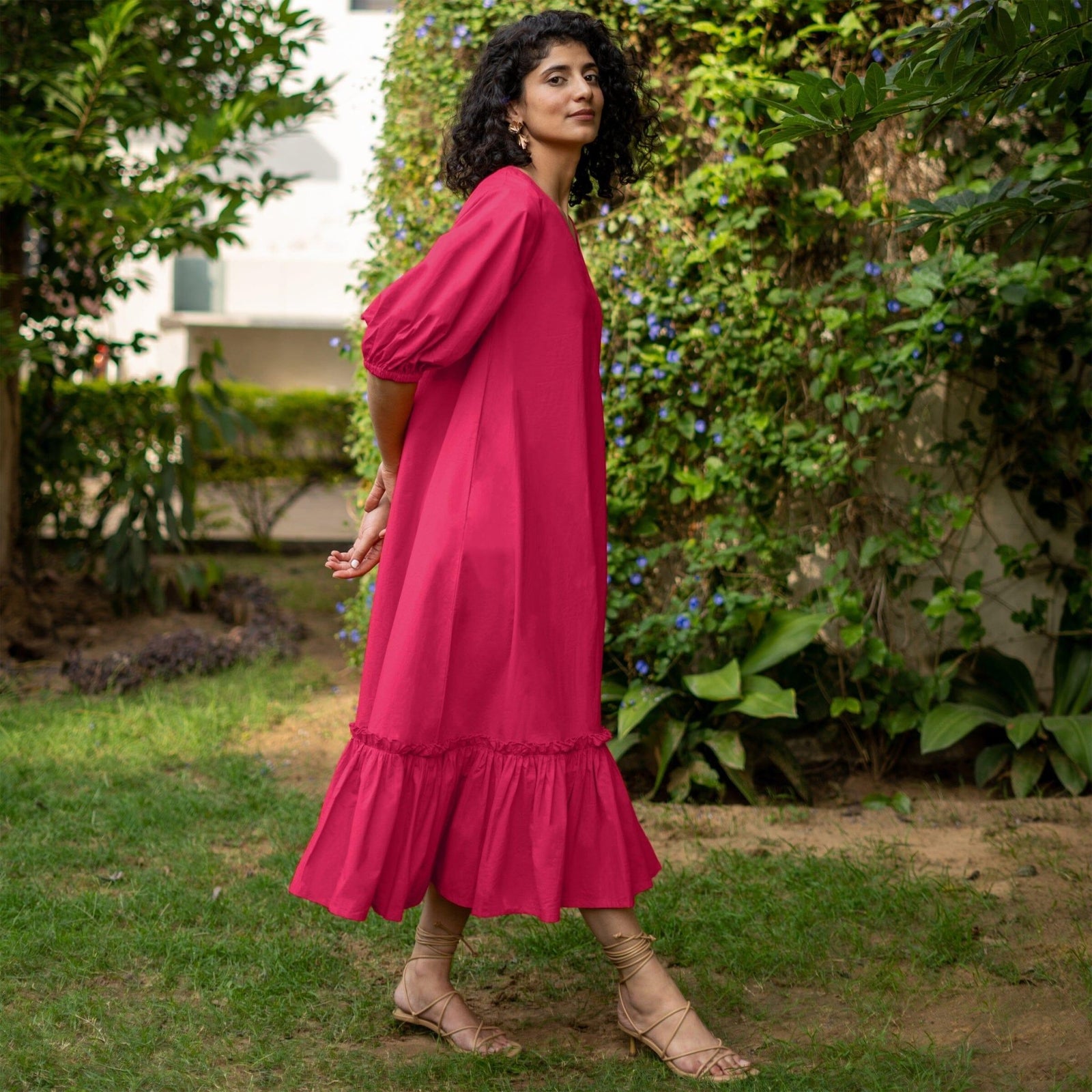 Pink Cotton Poplin A-Line Deep Neck Maxi Tier Dress 32