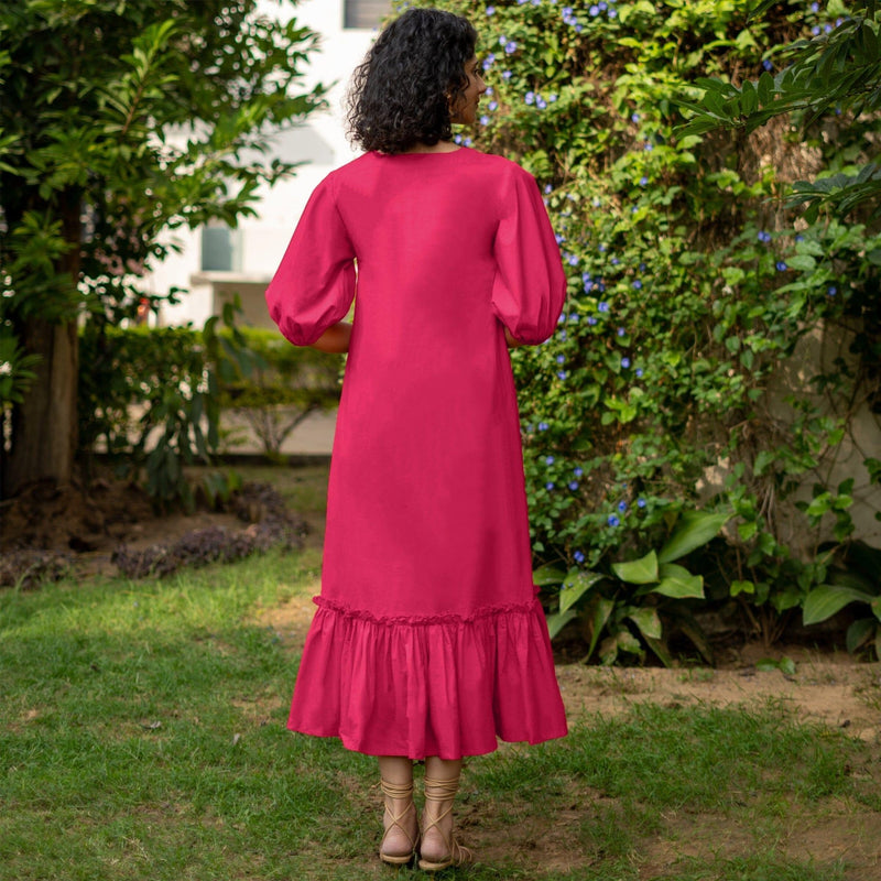 Pink Cotton Poplin A-Line Deep Neck Maxi Tier Dress 32