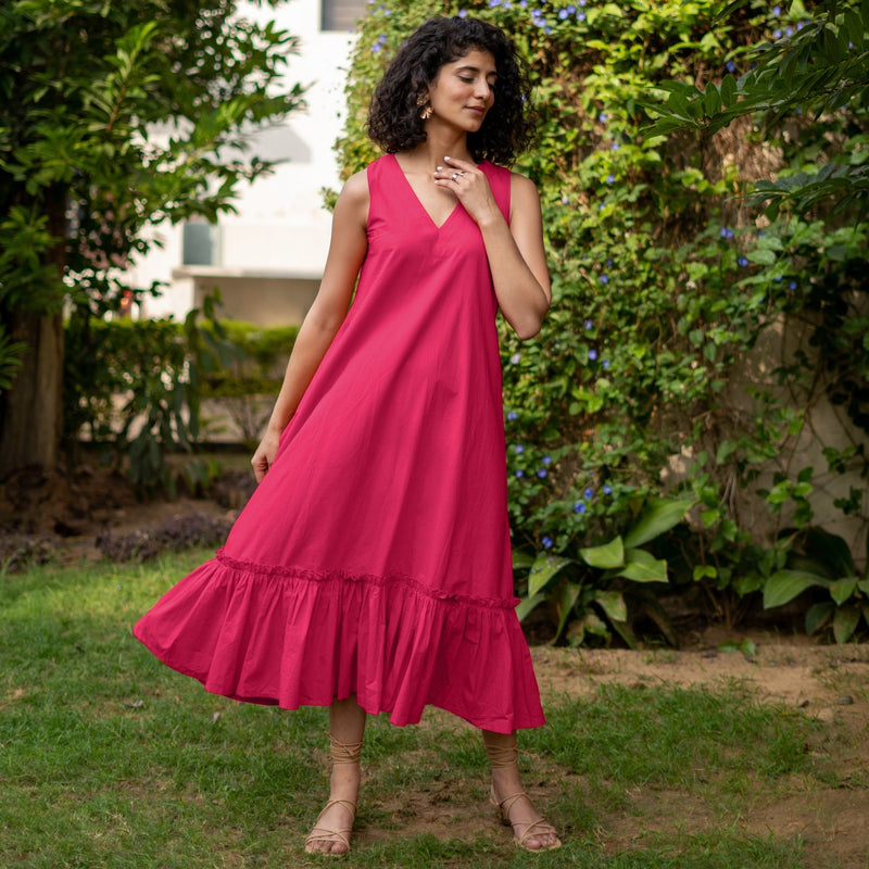 Pink Cotton Poplin A-Line Deep Neck Sleeveless Maxi Dress