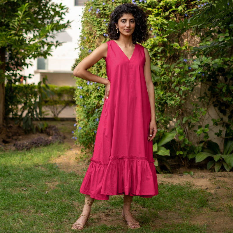 Pink Cotton Poplin A-Line Deep Neck Sleeveless Maxi Dress