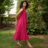Pink Cotton Poplin A-Line Deep Neck Sleeveless Maxi Dress