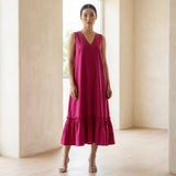 Pink Cotton Poplin A-Line V-Neck Sleeveless Maxi Tier Dress