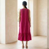 Pink Cotton Poplin A-Line V-Neck Sleeveless Maxi Tier Dress