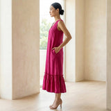 Pink Cotton Poplin A-Line V-Neck Sleeveless Maxi Tier Dress