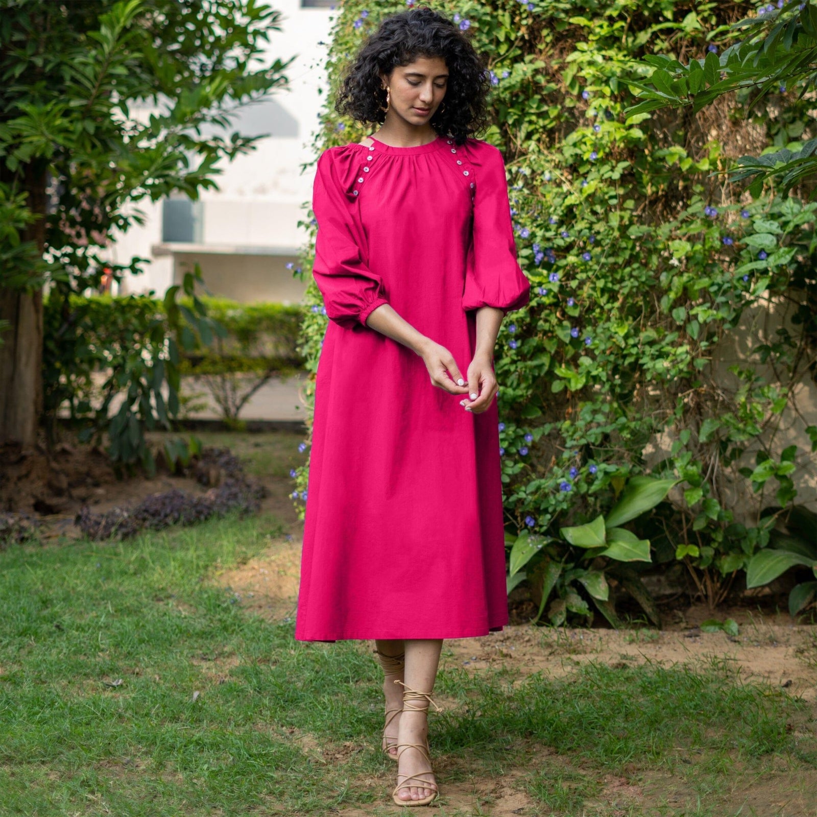 Pink Cotton Poplin A-Line Detachable Sleeve Flared Midi Dress 30" / Petite (5'1" and below) Pink Cotton Poplin A-Line Detachable Sleeve Flared Midi Dress 30" / Petite (5'1" and below)