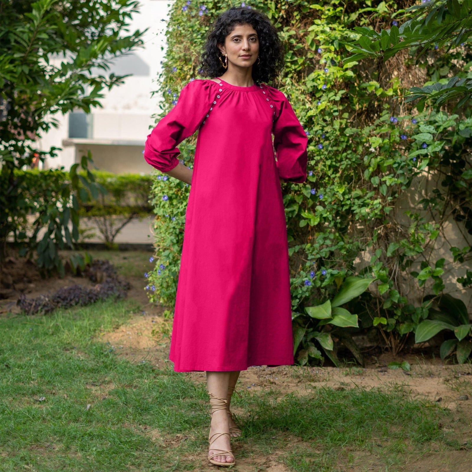 Pink Cotton Poplin A-Line Detachable Sleeve Flared Midi Dress 34