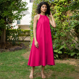 Pink Cotton Poplin A-Line Detachable Sleeve Flared Midi Dress