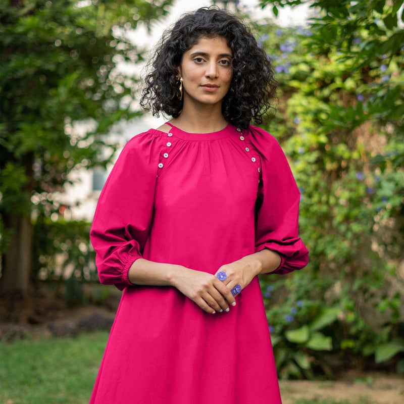 Pink Cotton Poplin A-Line Detachable Sleeve Flared Midi Dress 34