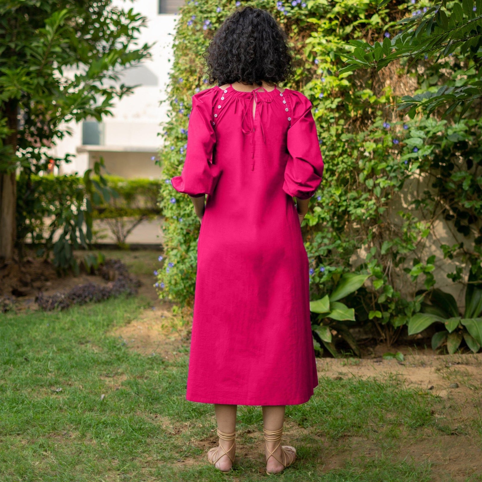 Pink Cotton Poplin A-Line Detachable Sleeve Flared Midi Dress 52