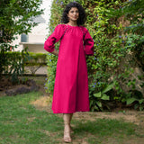 Pink Cotton Poplin A-Line Detachable Sleeve Flared Midi Dress