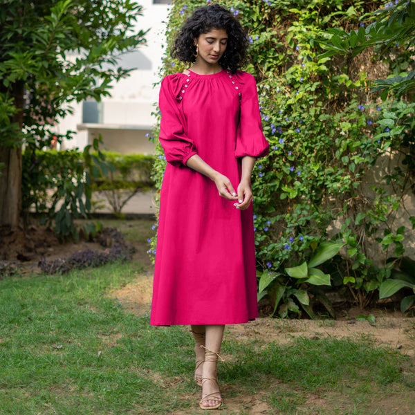 Pink Cotton Poplin A-Line Detachable Sleeve Flared Midi Dress