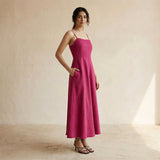 Pink Cotton Poplin Ankle Length Flared Sundress