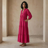 Pink Cotton Poplin Deep-V Maxi Tier Dress