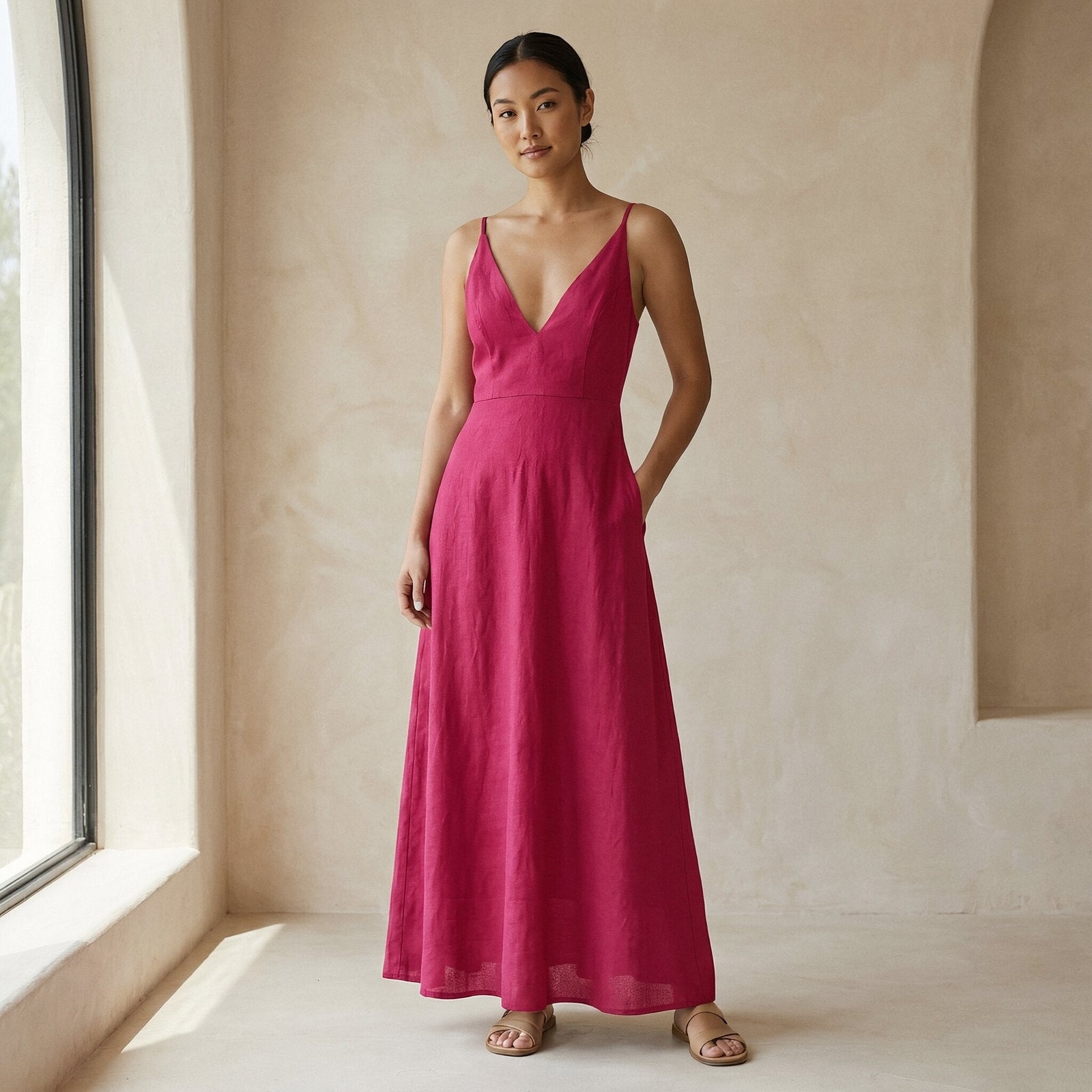 Pink Cotton Poplin Deep V-Neck Cami Maxi Dress 60