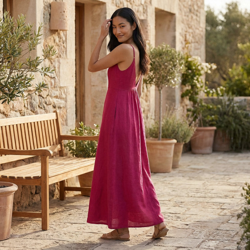 Pink Cotton Poplin Deep V-Neck Cami Maxi Dress 60
