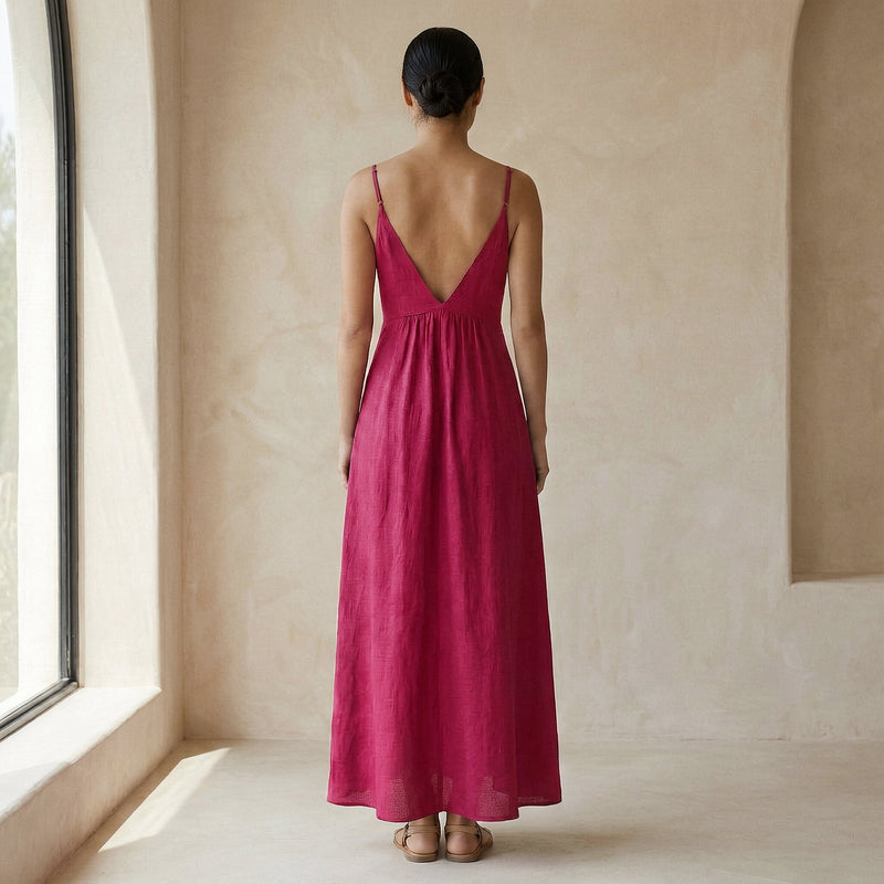 Pink Cotton Poplin Deep V-Neck Cami Maxi Dress 60
