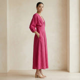 Pink Cotton Poplin Deep-V Neck Empire Waist Maxi Dress