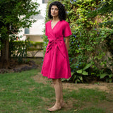 Pink Cotton Poplin Drop Shoulder Sleeves Knee Length Wrap Dress