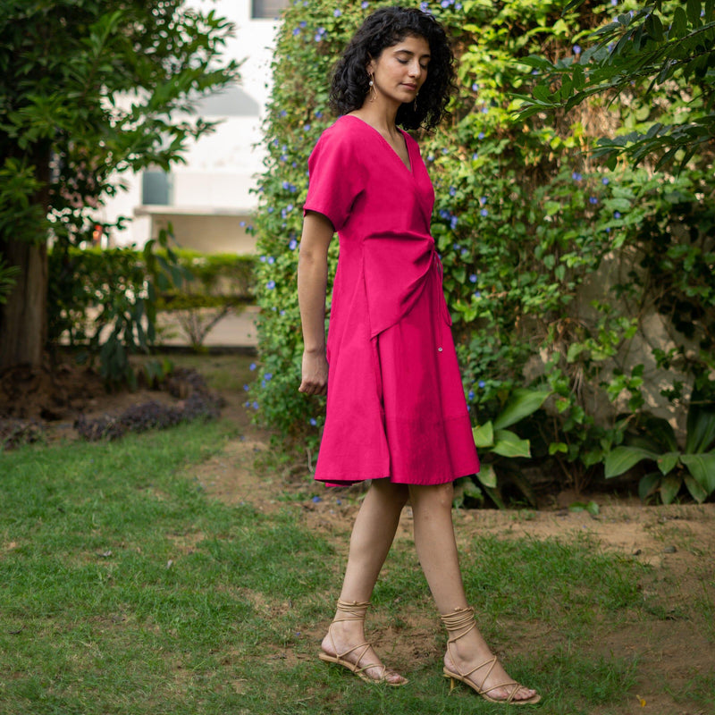 Pink Cotton Poplin Drop Shoulder Sleeves Knee Length Wrap Dress