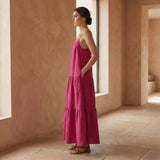 Pink Cotton Poplin Drop-Waist Camisole Maxi Tier Dress
