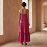 Pink Cotton Poplin Drop-Waist Camisole Maxi Tier Dress