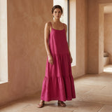 Pink Cotton Poplin Drop-Waist Camisole Maxi Tier Dress